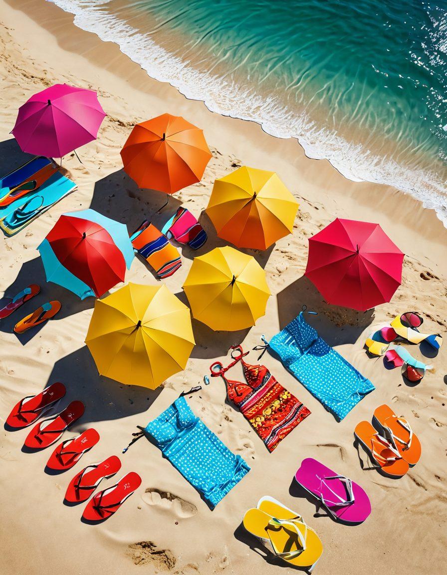 A vibrant beach scene showcasing diverse swimwear trends, featuring models of different ethnicities flaunting stylish bikinis and swimsuits under a bright sun. Include colorful beach umbrellas and accessories like sunglasses and flip-flops in the foreground, with gentle waves lapping at the shore in the background. The overall atmosphere should evoke a sense of fun and relaxation. vibrant colors. 3D.
